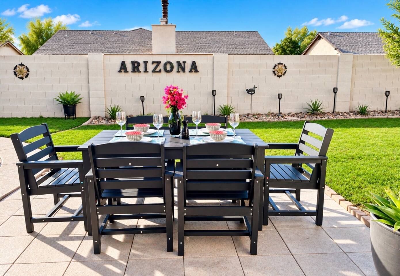 Take advantage of year round summer, dining alfresco, with umbrella (no included in pic). Stadium Oasis, Glendale, Arizona