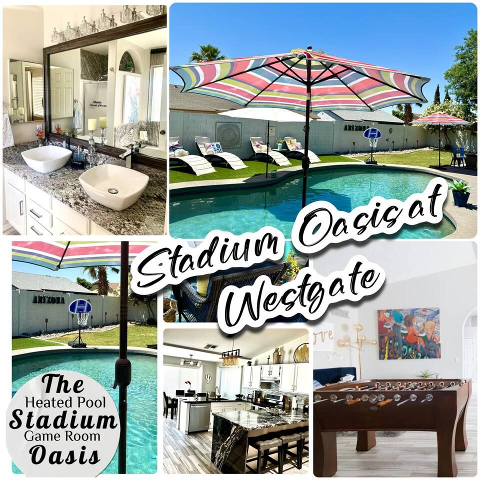 This backyard retreat is waiting for you! It's always pool season here, with a relaxing heated pool in the Winter. This luxury remodeled Pool House is calling your name! Stadium Oasis Glendale, Arizona at Westgate and State Farm Stadium