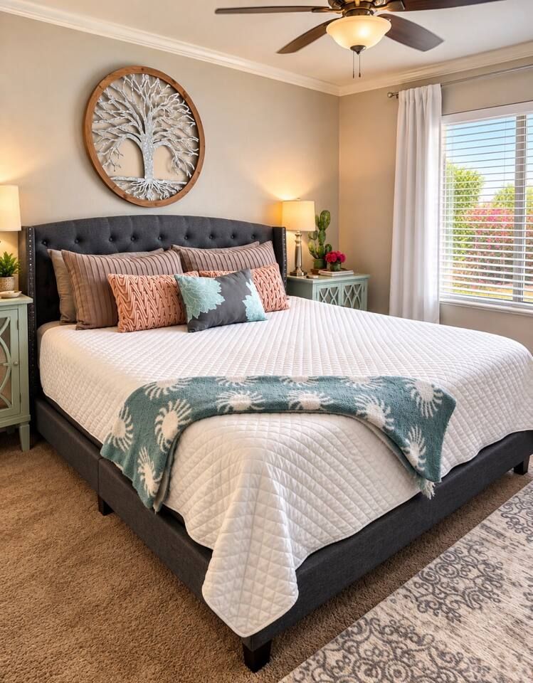 The Master Desert Oasis En Suite with KING size Purple mattress, a very comfortable bed. Ceiling fan. Black out curtains. Night stands with storage and USB chargers and electric fireplace. Stadium Oasis Glendale, Az