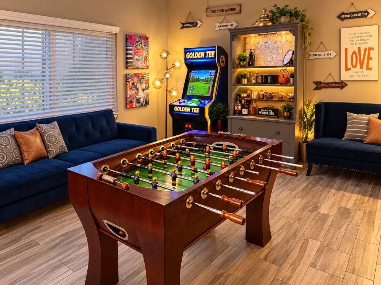 Modern Game Lounge: with Foosball, Golden Tee arcade games, Record player, board games, and stocked bar. Stadium Oasis Glendale, Arizona