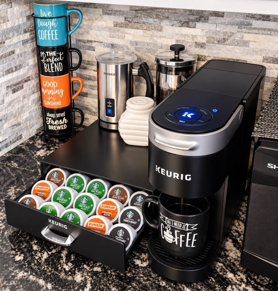 Coffee station: Keurig, k pods, milk frothier, French press and regular coffee maker too. Because coffee keeps me going until it’s wine time. Stadium Oasis Glendale, Az