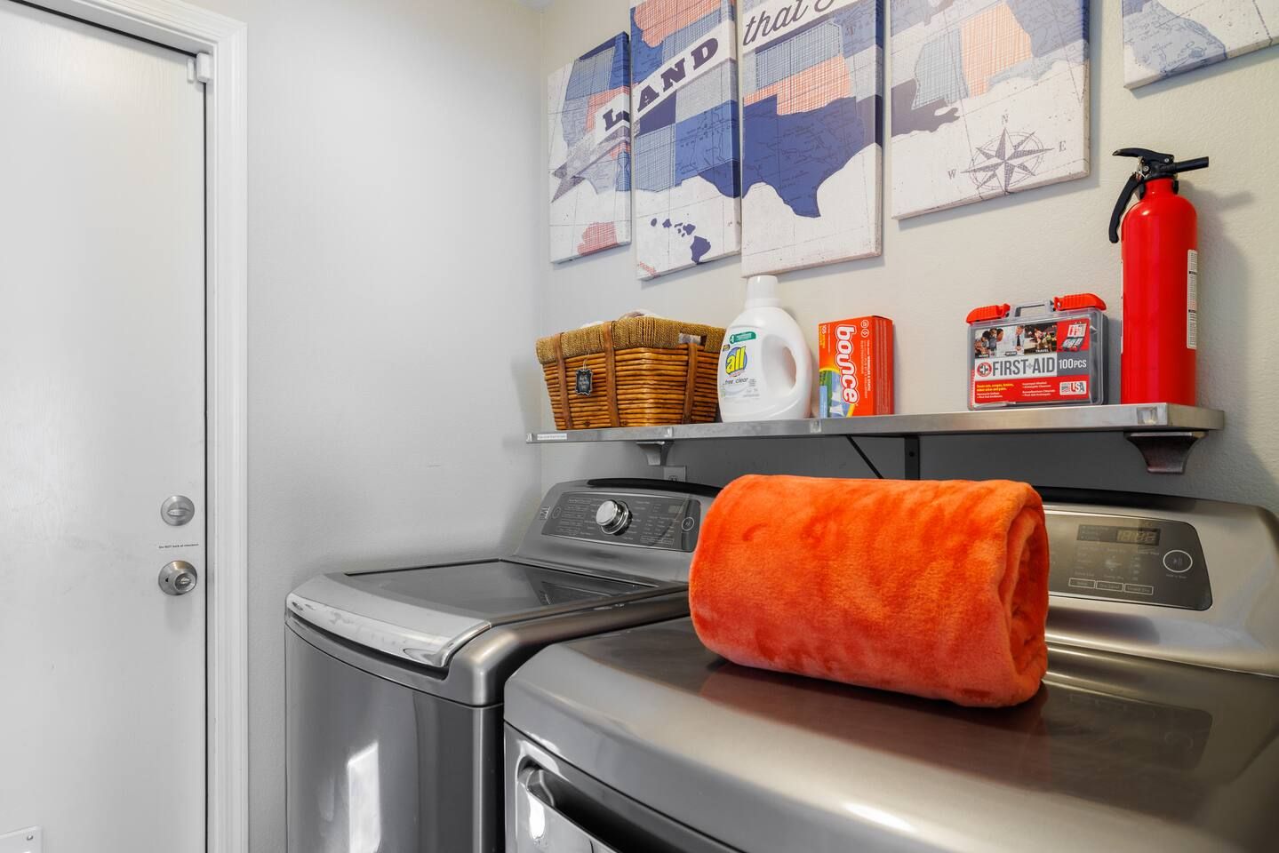 Full size washer and dryer stocked with soap, first aid kit and fire extinguisher. Stadium Oasis Glendale, Arizona