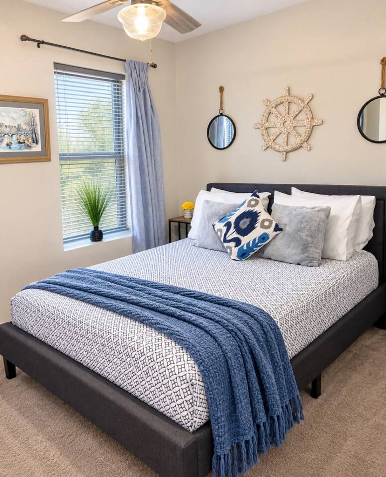 The Blue Nautical Bedroom with QUEEN size Purple mattress bed and Smart TV. Stadium Oasis Glendale, Az
