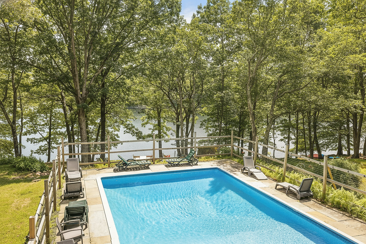 A pool with a view. This private lakefront retreat features a sparkling pool overlooking the water, creating the perfect spot for morning coffee, afternoon swims, and sunset relaxation.