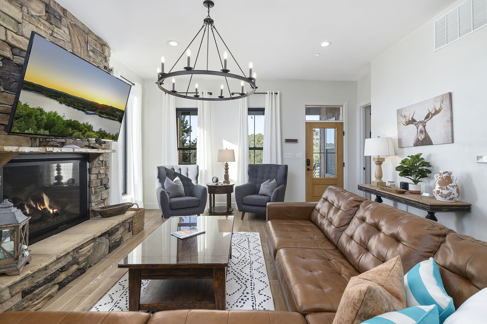 Comfy living room around fireplace