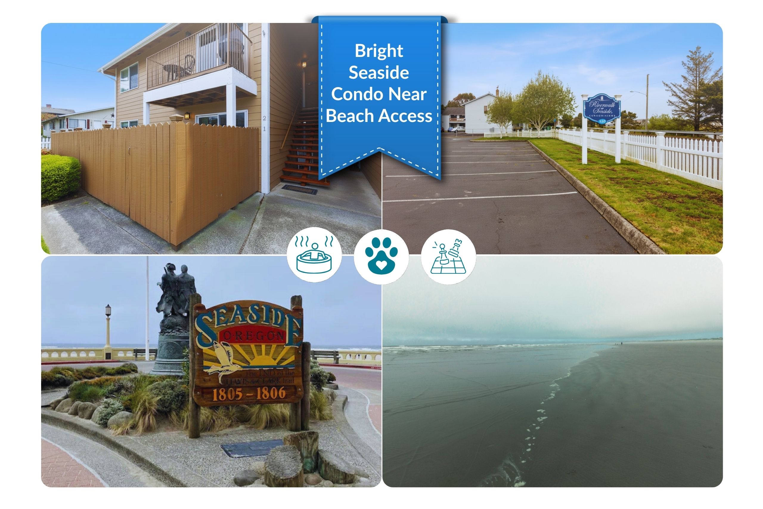 Exterior & Location: Bright seaside condo with easy parking, just steps from the beach and Seaside Promenade — the perfect coastal getaway for relaxed mornings and sunset strolls!