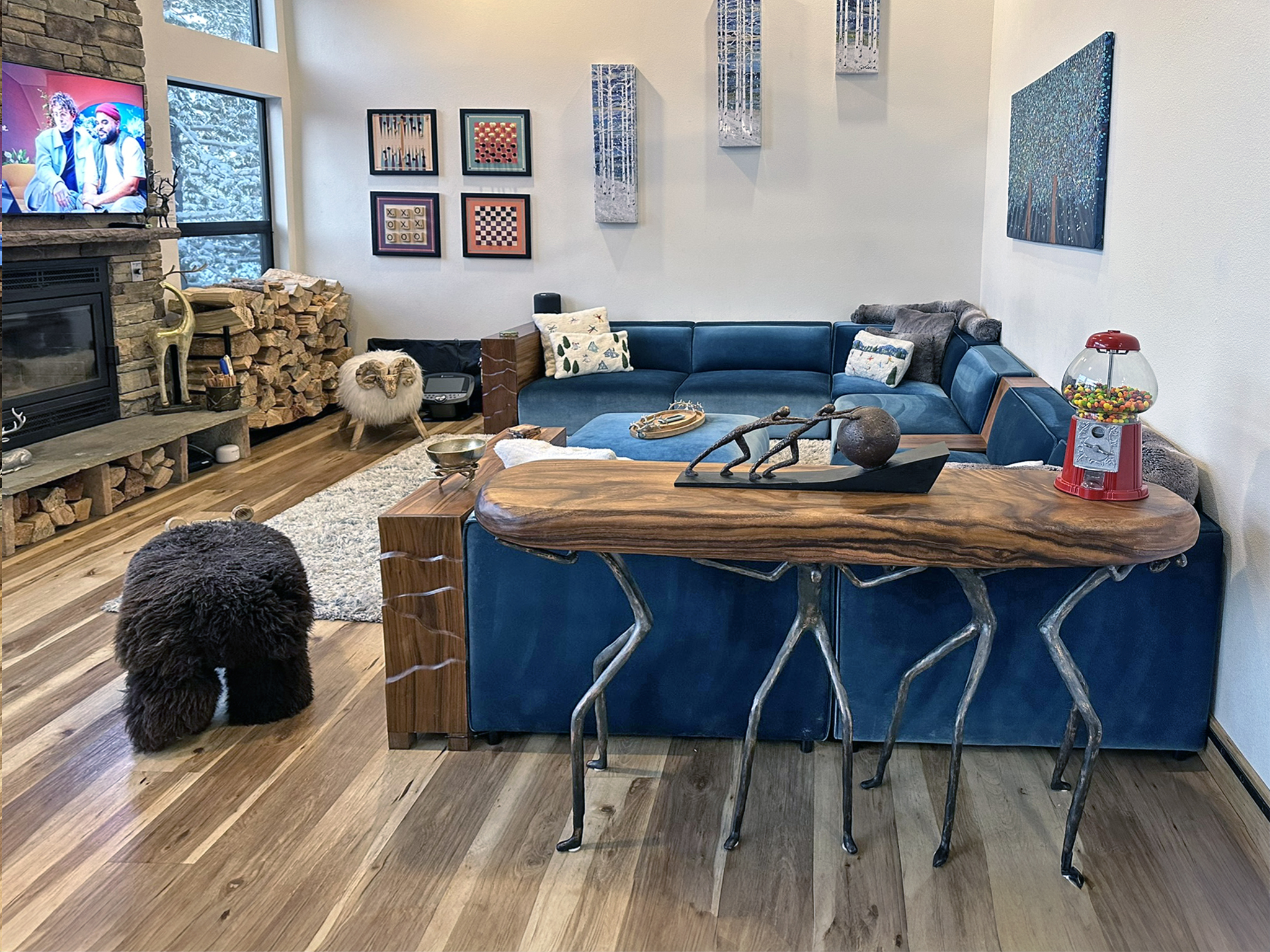 Living Room with custom furniture, fireplace, games, Premium channel, loads of entertainment options