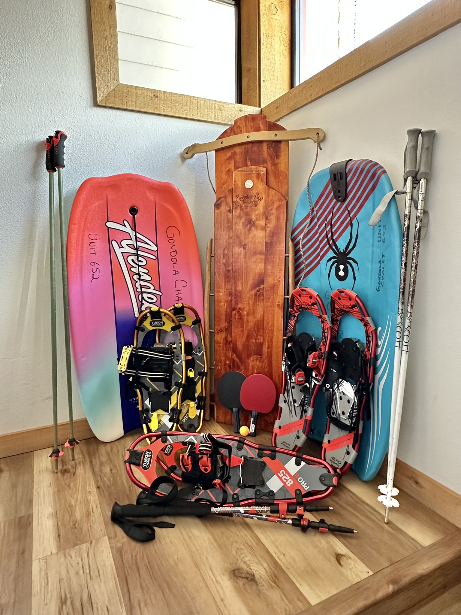 Sleds and snowshoes are among the many amenities you'll find at the Gondola Chalet