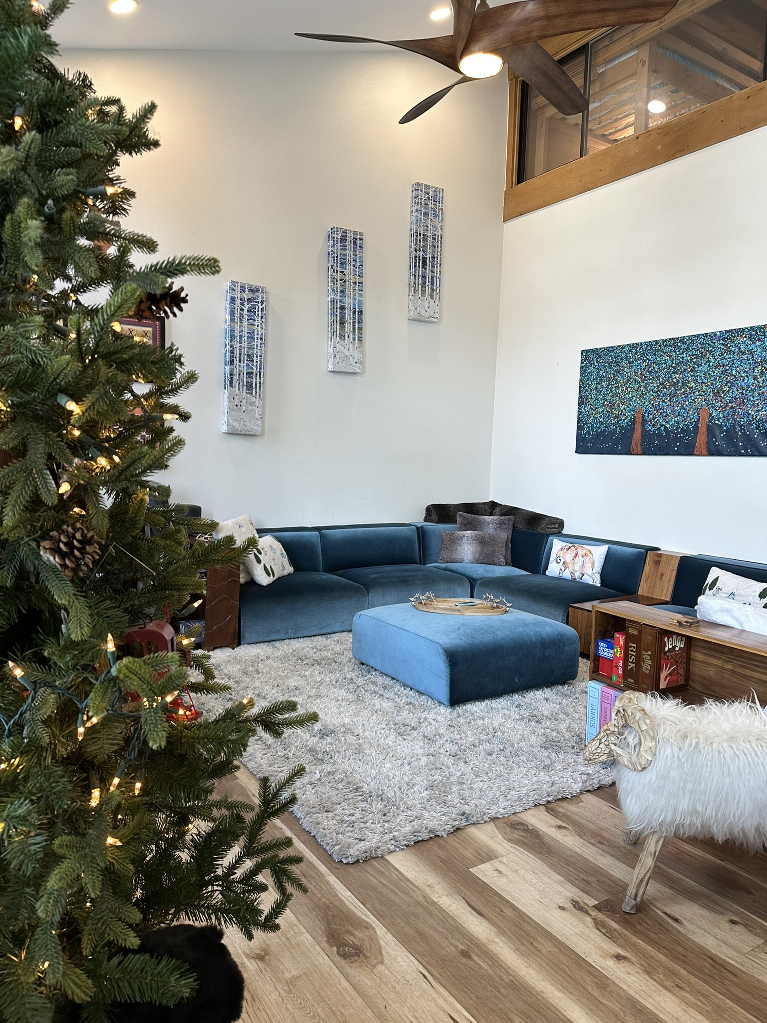 Living Room with custom furniture, fireplace, games, Premium channel, loads of entertainment options