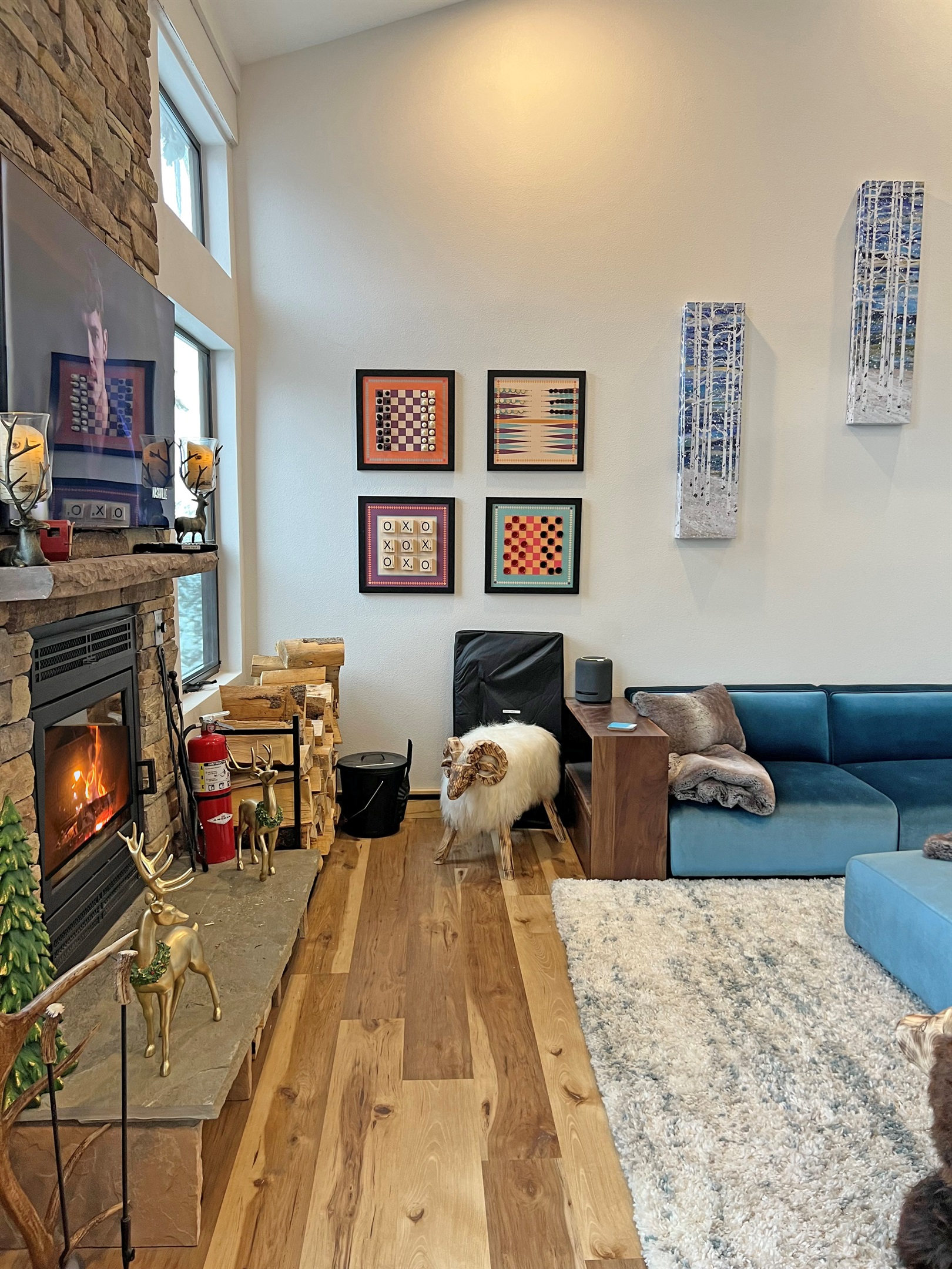 Living Room with custom furniture, fireplace, games, Premium channel, loads of entertainment options