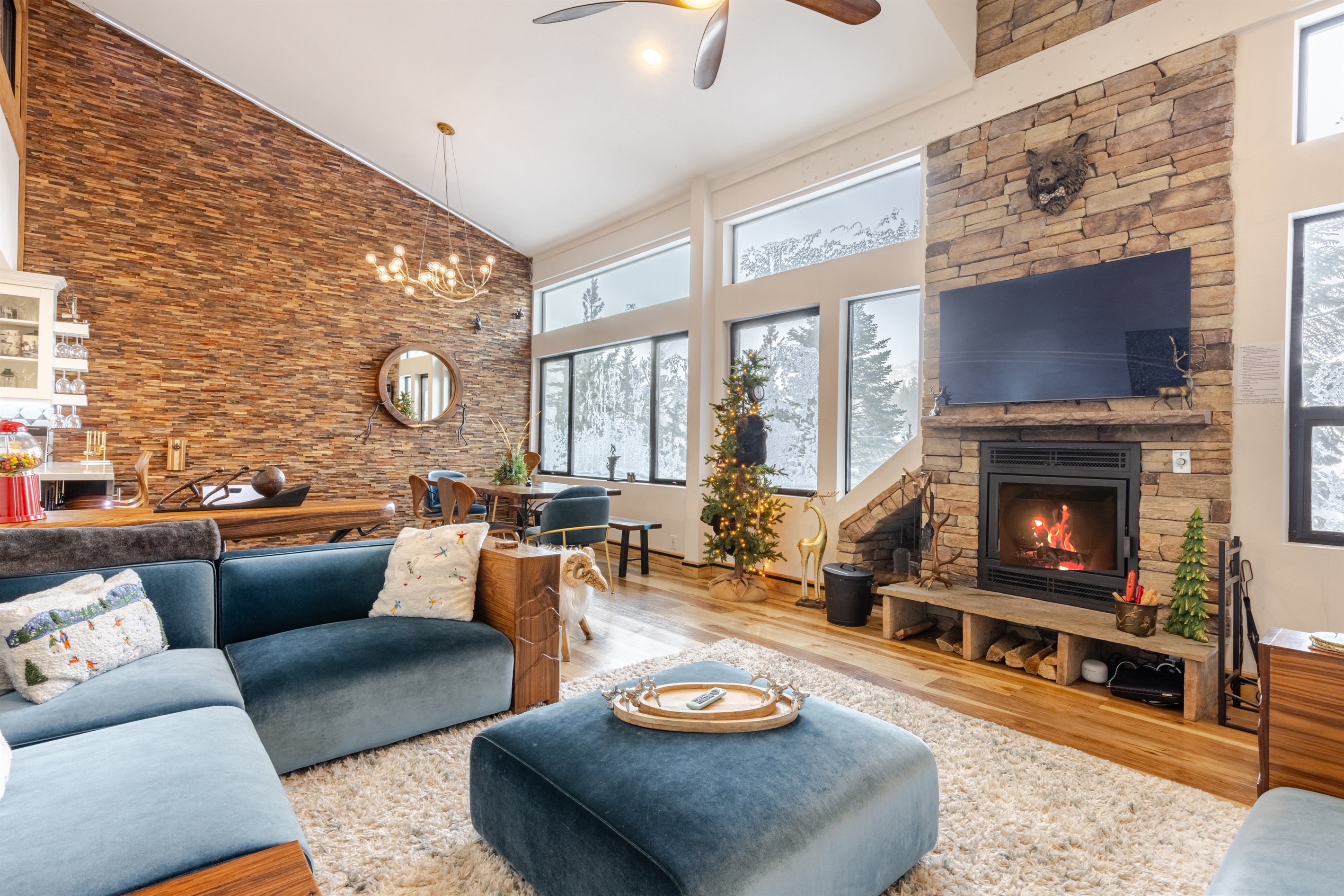 Living Room with custom furniture, fireplace, games, Premium channel, loads of entertainment options