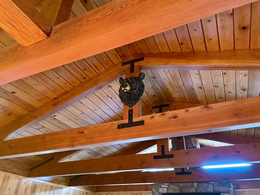 Vaulted ceilings, with that extra height comes extra space and a ton of natural light from the windows above the beams.