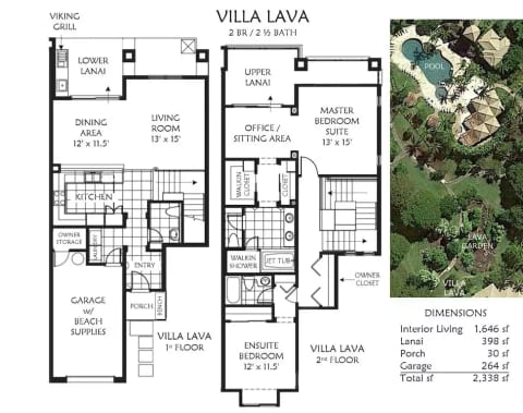 Villa Lava Floor plan and topographical view to pool from lanai