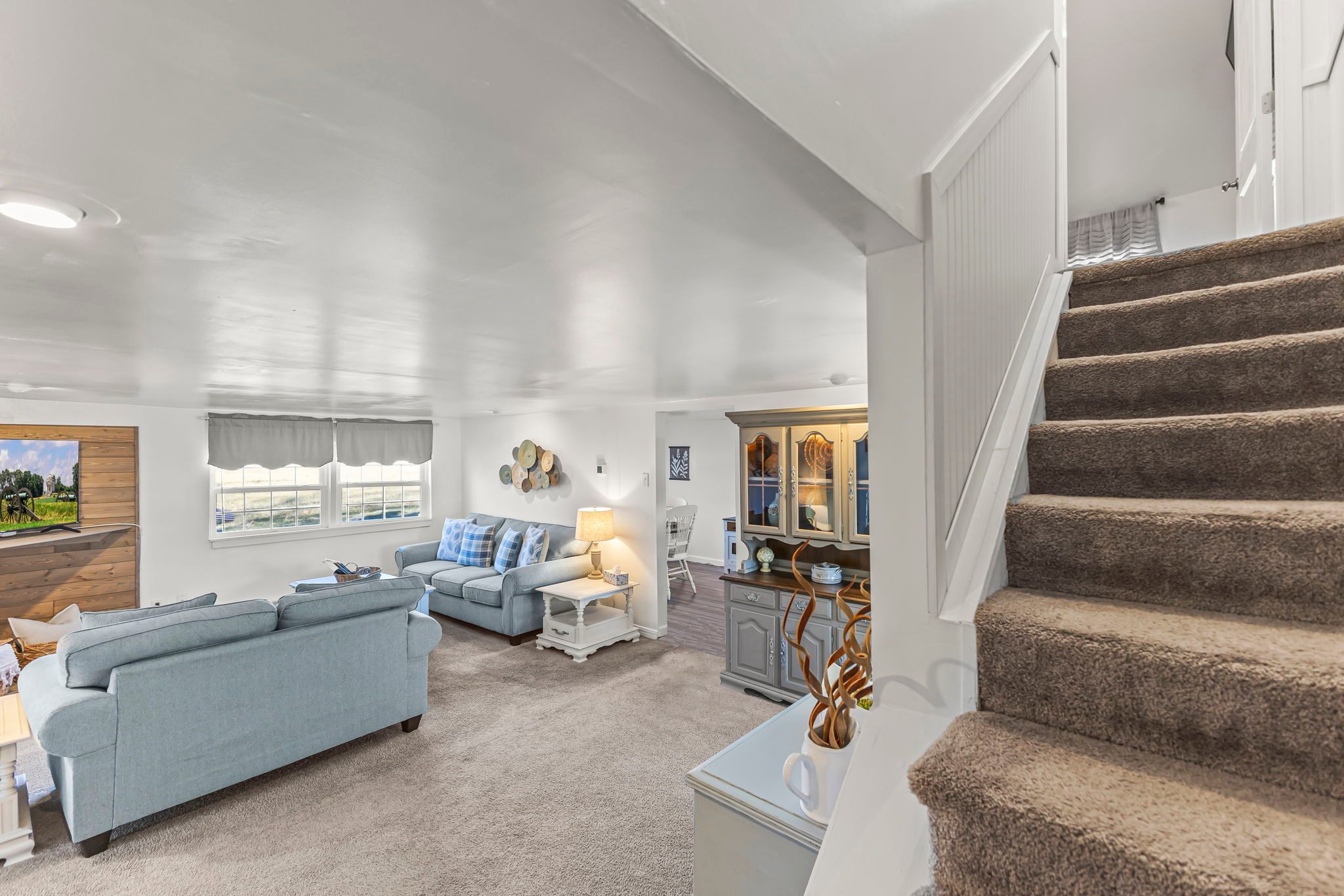 View of living room from the staircase. 