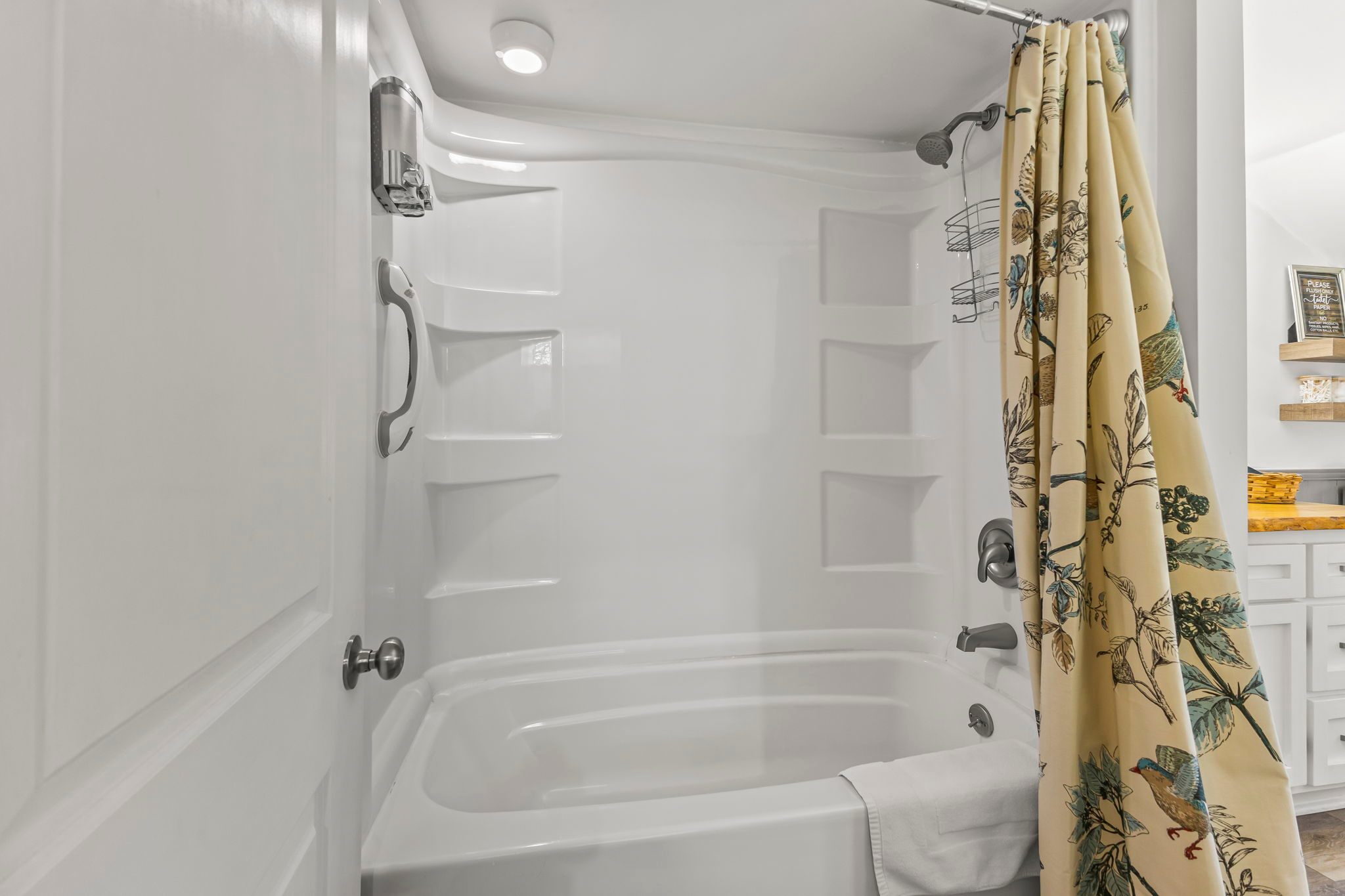 We have a shower/tub combo (perfect for families with little ones). You'll find a toiletry dispenser with shampoo, conditioner and body wash on the wall of the shower. 