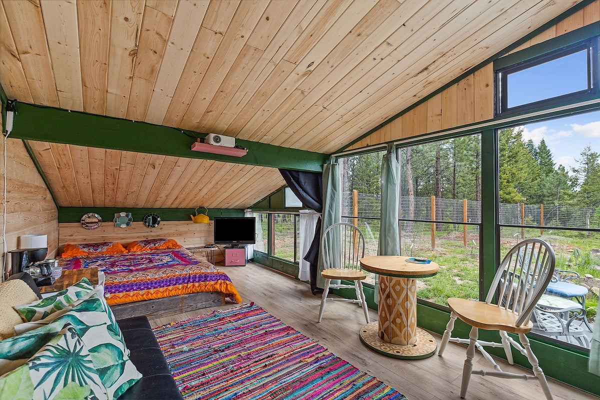 The Shed is connected to the Commons Area, so there is AC power, WiFi, TV, small refrigerator, coffee maker and a projector.  