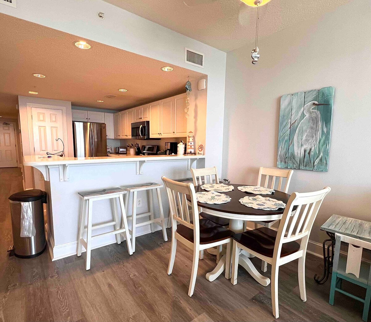 Dining table and bar seating.