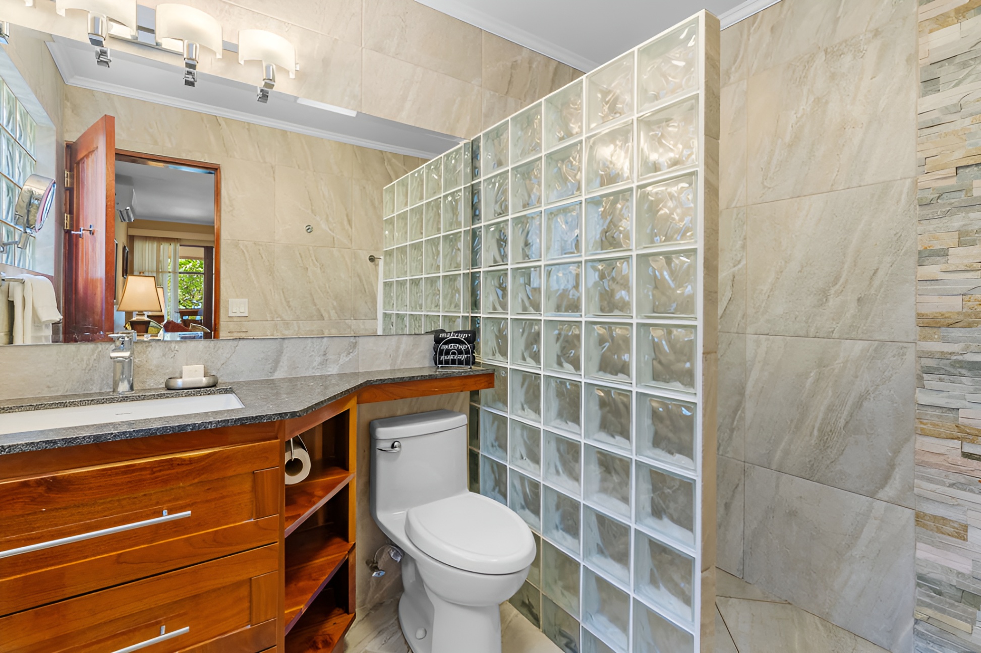 The ensuite bathroom off the principal bedroom has a large walk-in shower.  