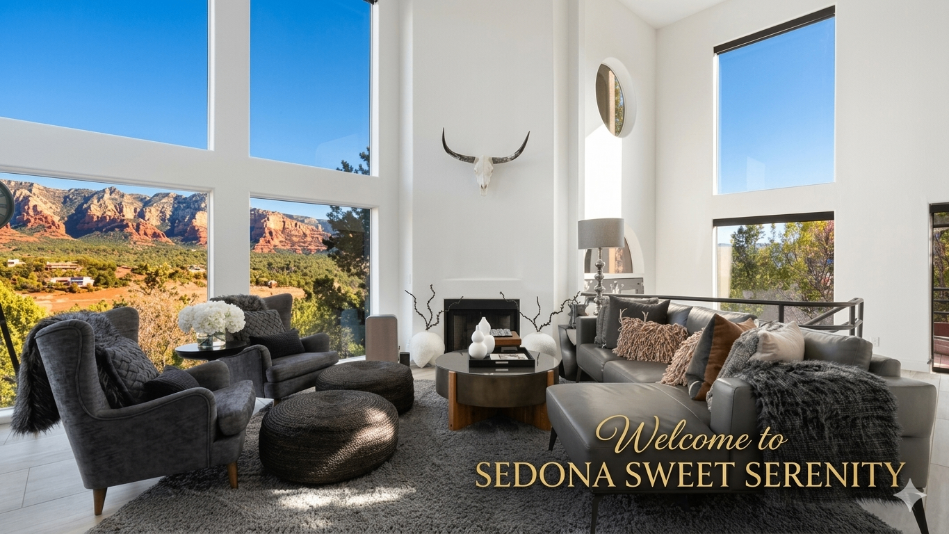 A living space defined by light—where towering walls of glass frame Sedona’s breathtaking red rock landscape. SEDONA SWEET SERENITY