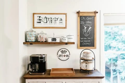 Our fully stocked coffee bar has everything you need to enjoy YOUR perfect cup of joe. Featuring a Keurig, drip, pour over, and french press, coffee pots as well as a tea kettle and electric grinder.