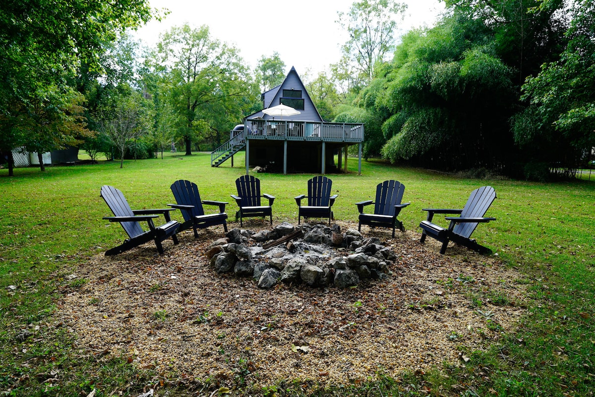 Riverfront🏕A-Frame Fire Pit🔥 Hot Tub / Hammock 