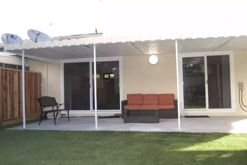Enjoy an early morning coffee or evening glass of California wine in the back