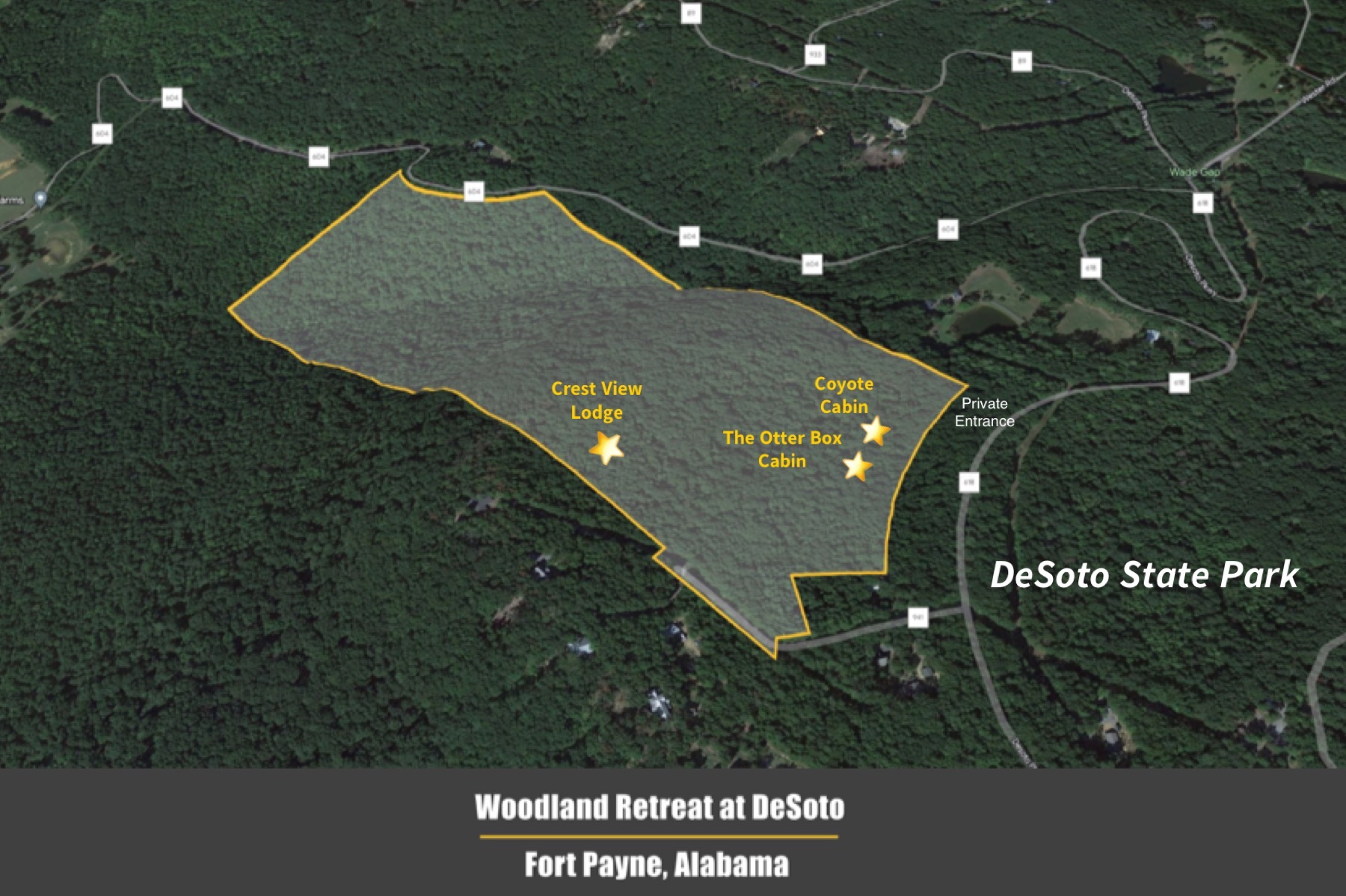 Satellite Map - 92-acre retreat property - Coyote Cabin - Fort Payne