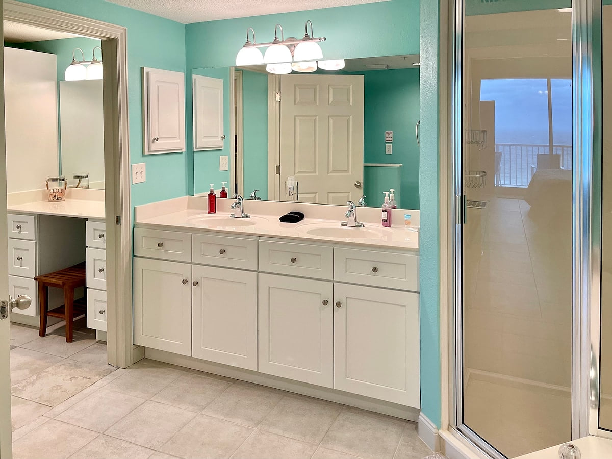 Large master bath with double sink. 