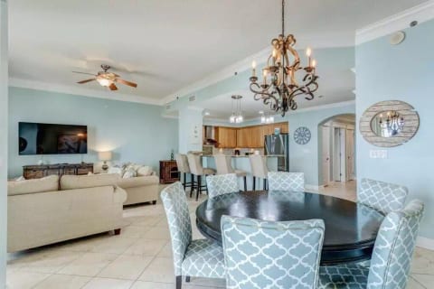 Family room, dining area and kitchen with beach view