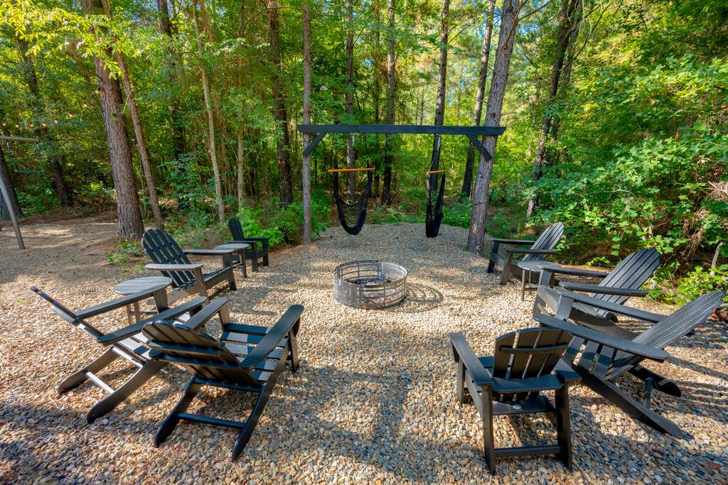 Plenty of seating around the firepit, but the hammocks are a favorite!