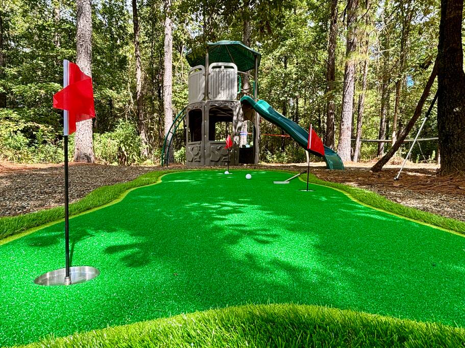 Woodland mini-golf with vibrant turf and playful charm next to a kids' playground.