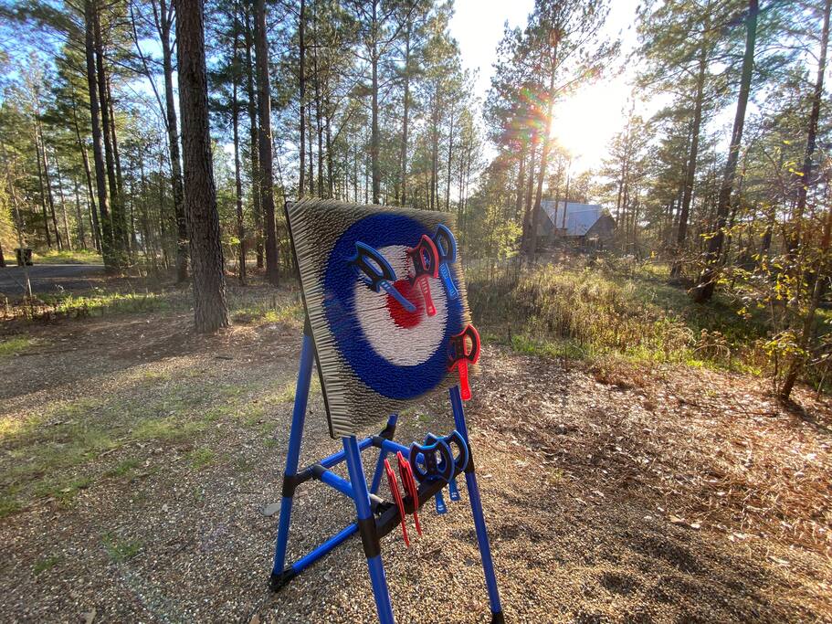 Rustic axe throwing setup in wooded cabin area—perfect for outdoor adventure seekers.
