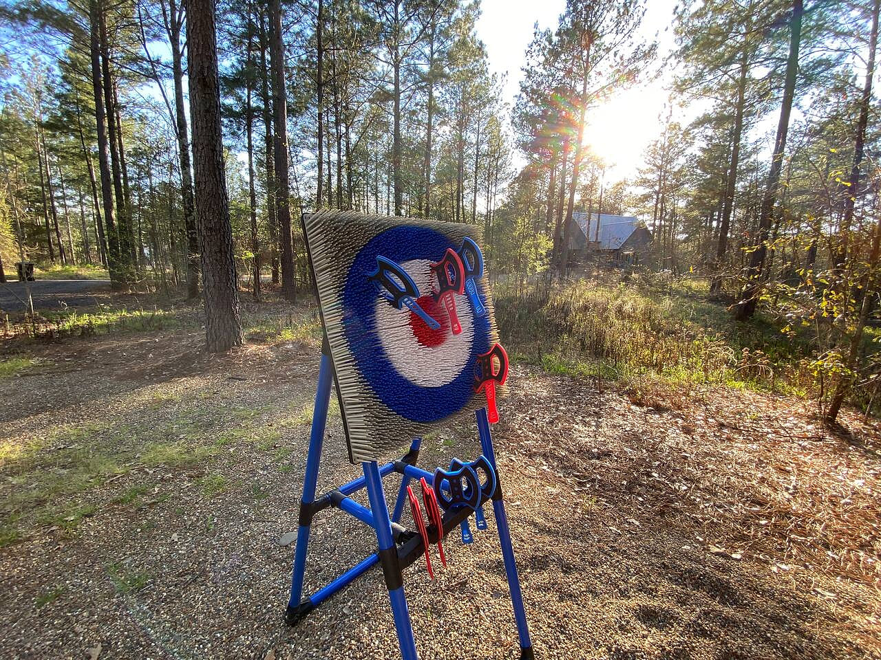 Rustic axe throwing setup in wooded cabin area—perfect for outdoor adventure seekers.
