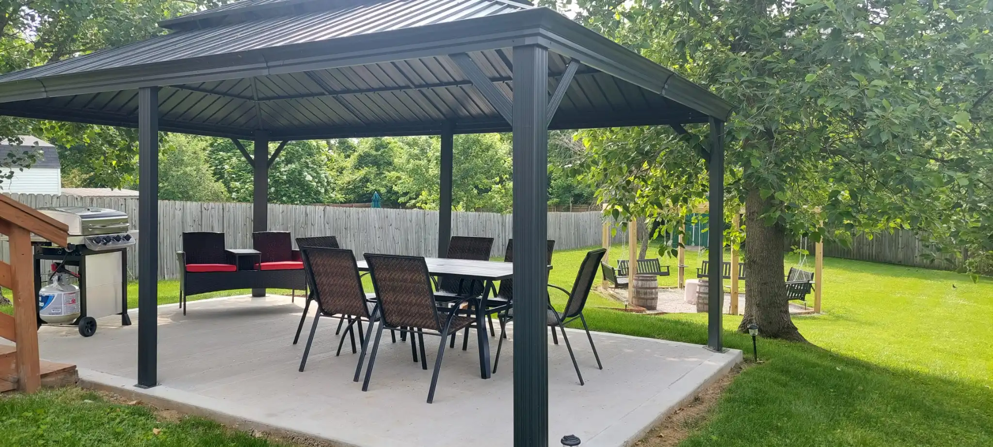 Covered pavilion with seating for 8, plus a propane BBQ Grill. - Stubborn German House of Bourbon, Lawrenceburg, KY - Lawrenceburg