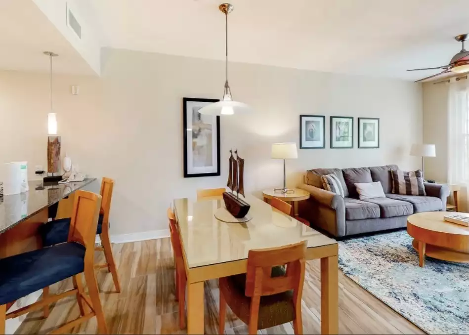 Spacious dining area seat four comfortably