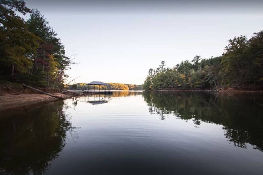 View of lake from Fisherman Cove's dock at sunset.  Quiet cove to enjoy. - Fisherman Cove on Lake James - Nebo