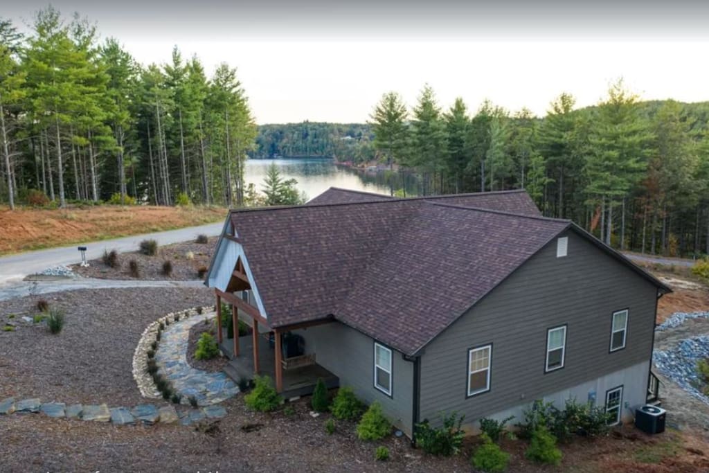 View as you pull up to home, stone stairway to front entrance and side entrances - Fisherman Cove on Lake James - Nebo