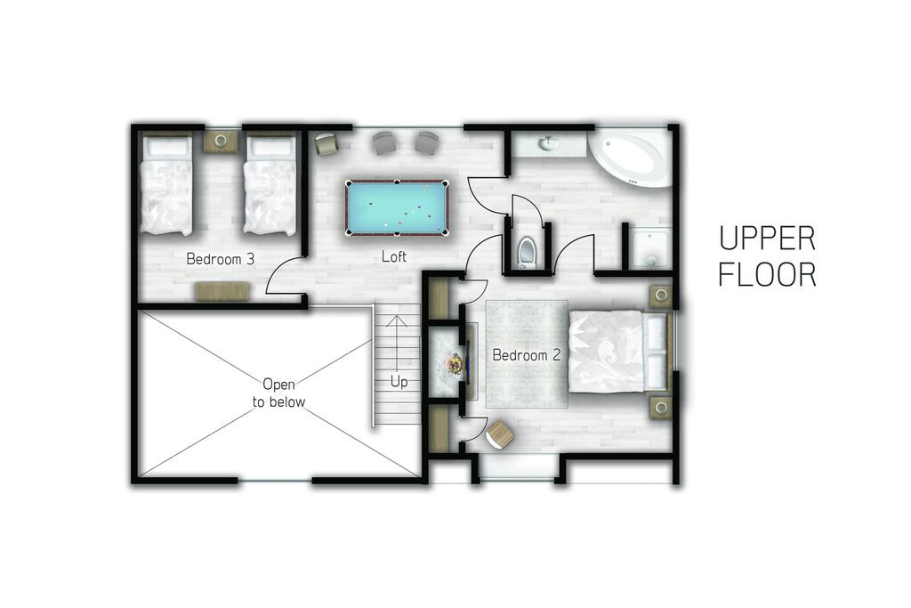 Second floor layout of Bearfoot Pines cabin. 
