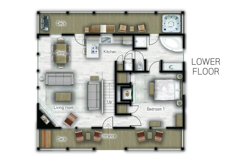 First floor layout of Bearfoot Pines cabin. 