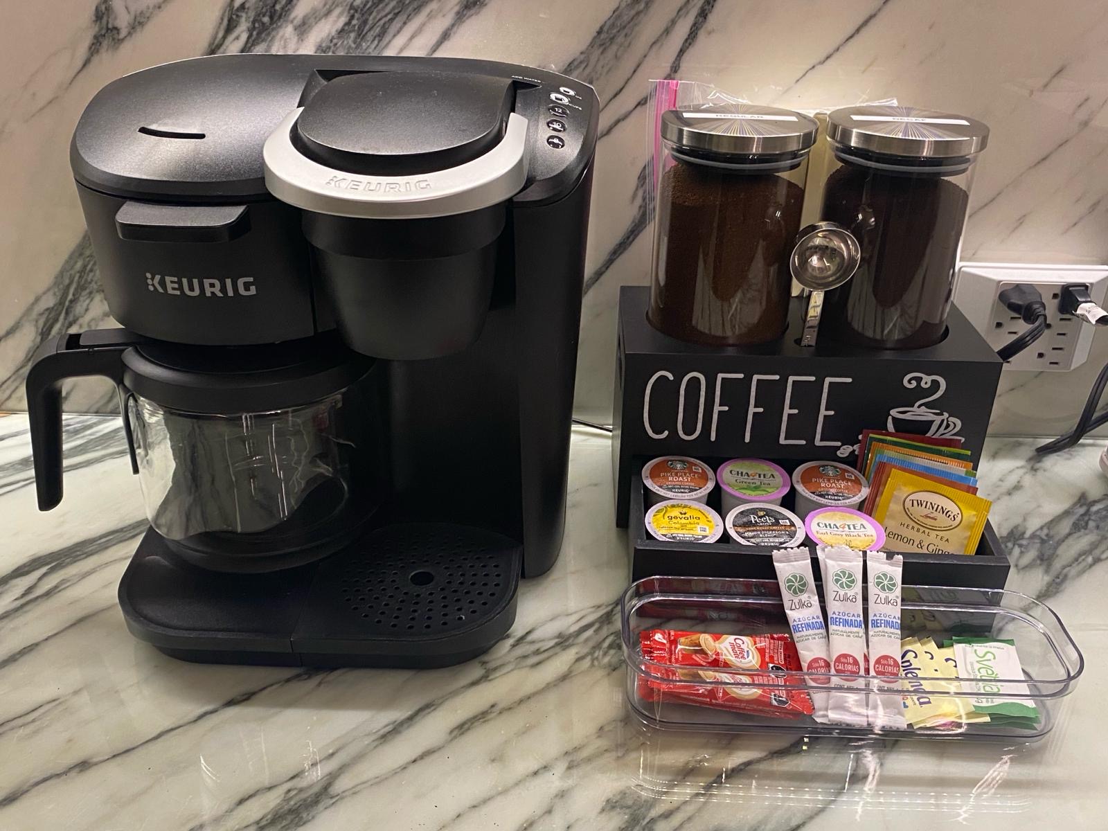 Keurig Coffee Maker in addition to various coffee and tea selections provided.