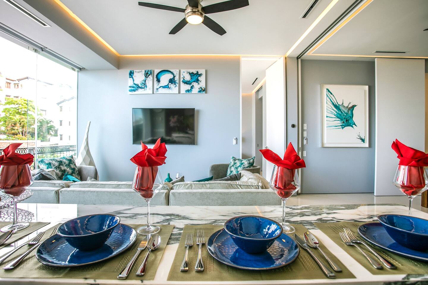 A view of the living room from the kitchen