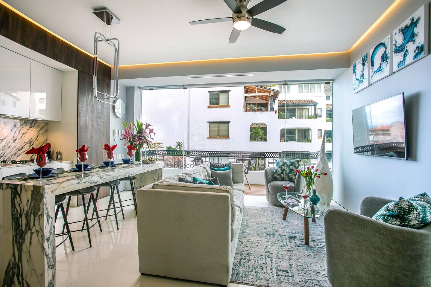 View of Living Room and Kitchen Island