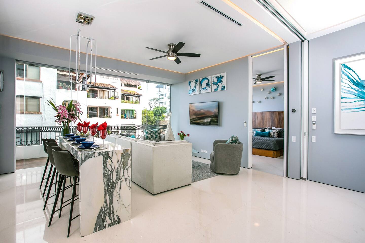 Living Area with view into the Master Bedroom