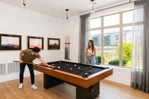 Sunlit modern game room with sleek pool table and stylish design