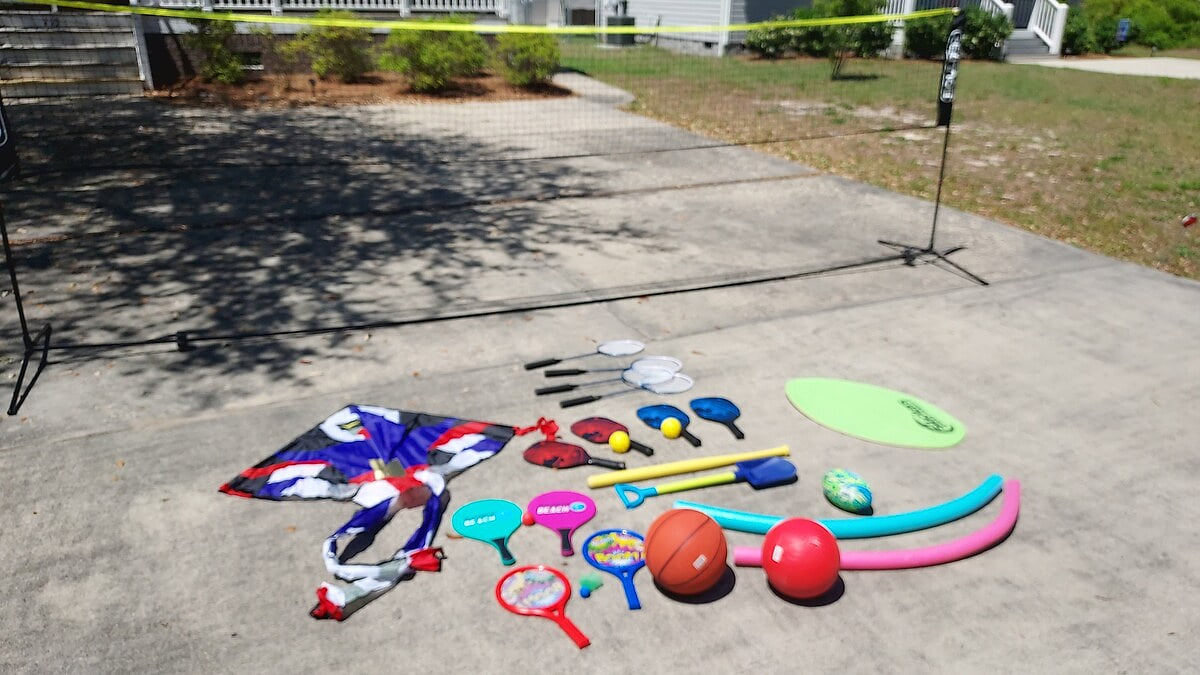 Fun stuff includes sand toys, basketball, pickleball, and badminton.