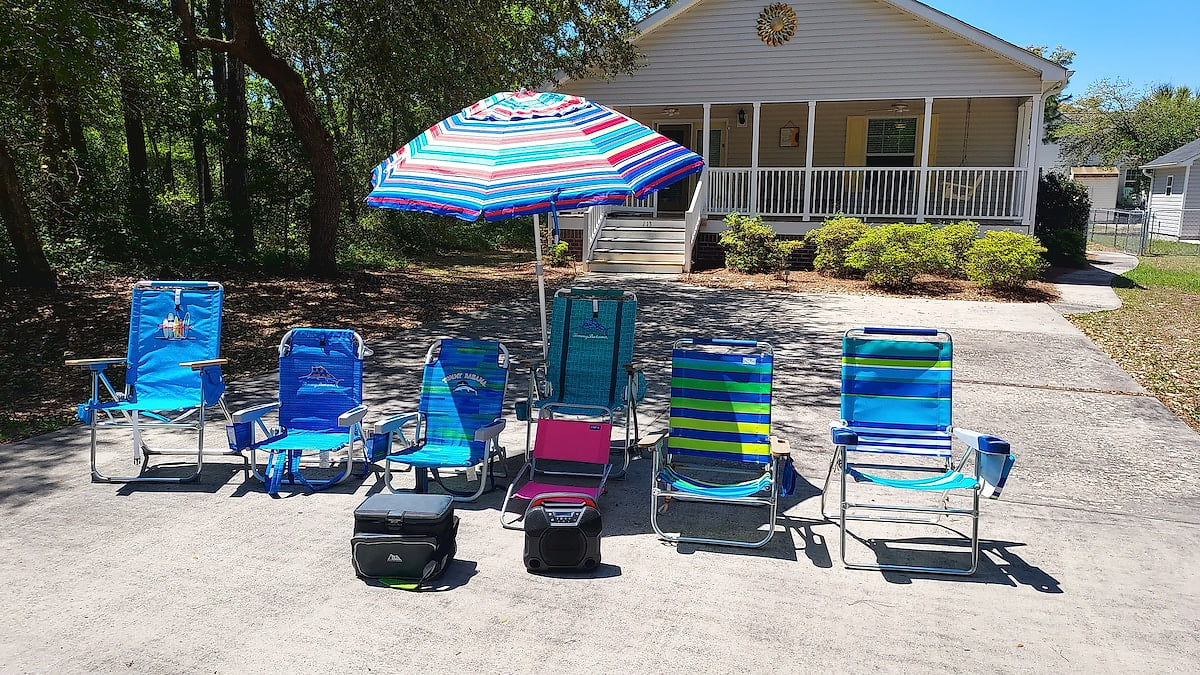 Make your beach day an easy outing with the beach chairs, umbrella, cooler, and portable bluetooth speaker.