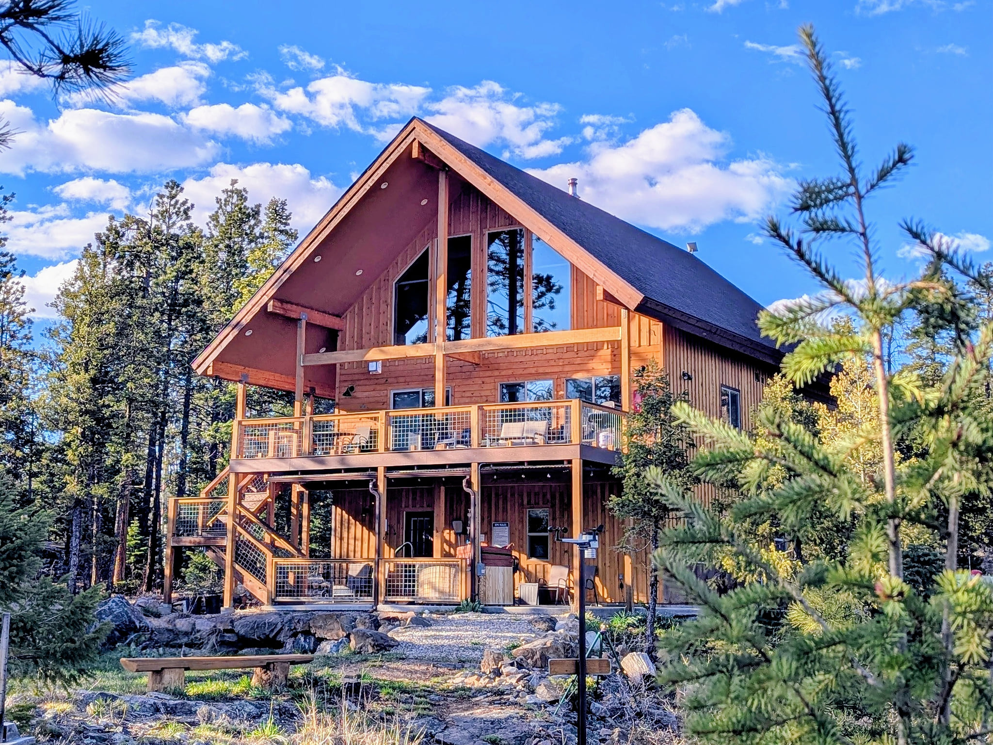 South facing deck (shaded in summer/warm sun in winter). Hot tub on the patio.