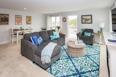 The comfortable living room has a sofa bed for a second sleeping area.