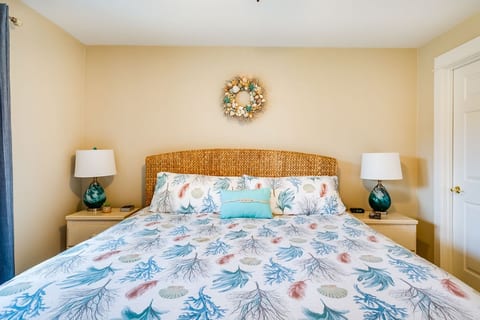 The restful bedroom has a super comfy king bed for a great night's sleep.