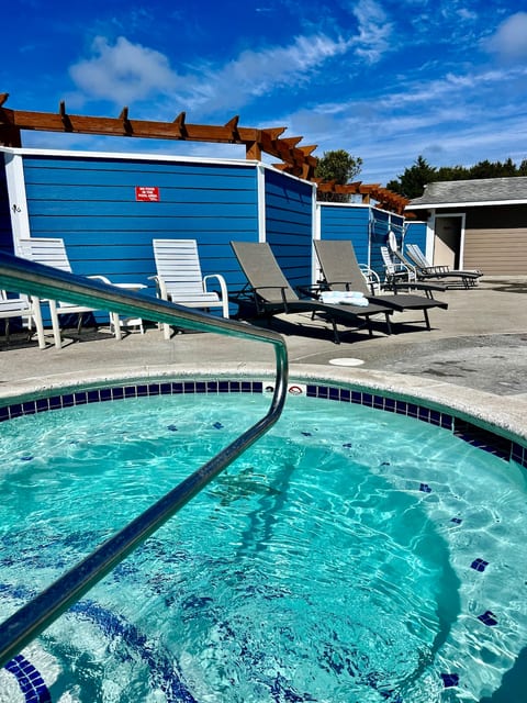 The hot tub is open all year and the heated saltwater pool is open mid-May to mid-October.